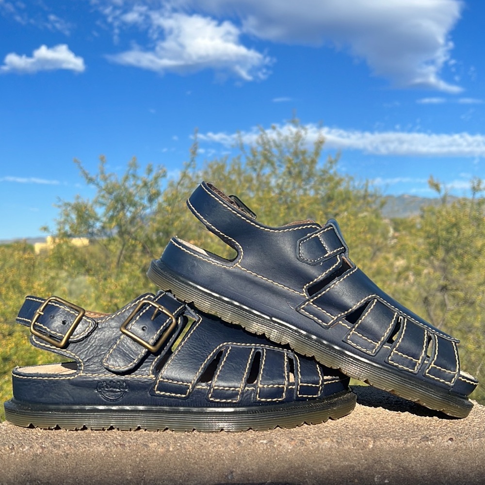 🏴 Blue Vintage Dr. Martens MIE Double Buckle Cut-Out Sandals UK 8 - Picture 4 of 16